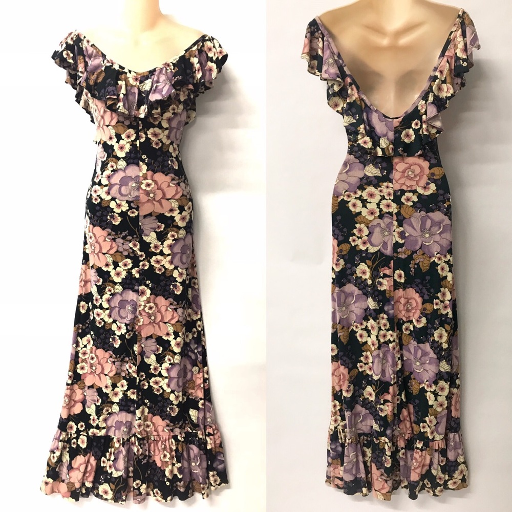 VTG Dark Floral Form Fitting Maxi Dress - Picture 1 of 8